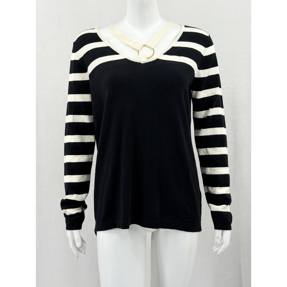 August Silk Top Womens Medium Black Cream Striped V-Neck O-Ring Knit Office Work